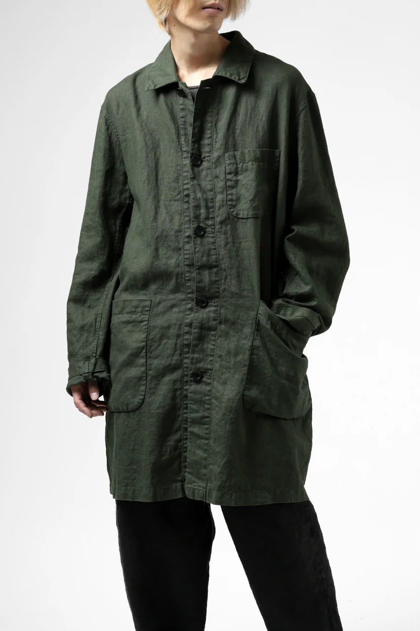 ISAMU KATAYAMA BACKLASH WORK COAT / GARMENT NATURAL DYED LINEN (LEAF) - Image 3