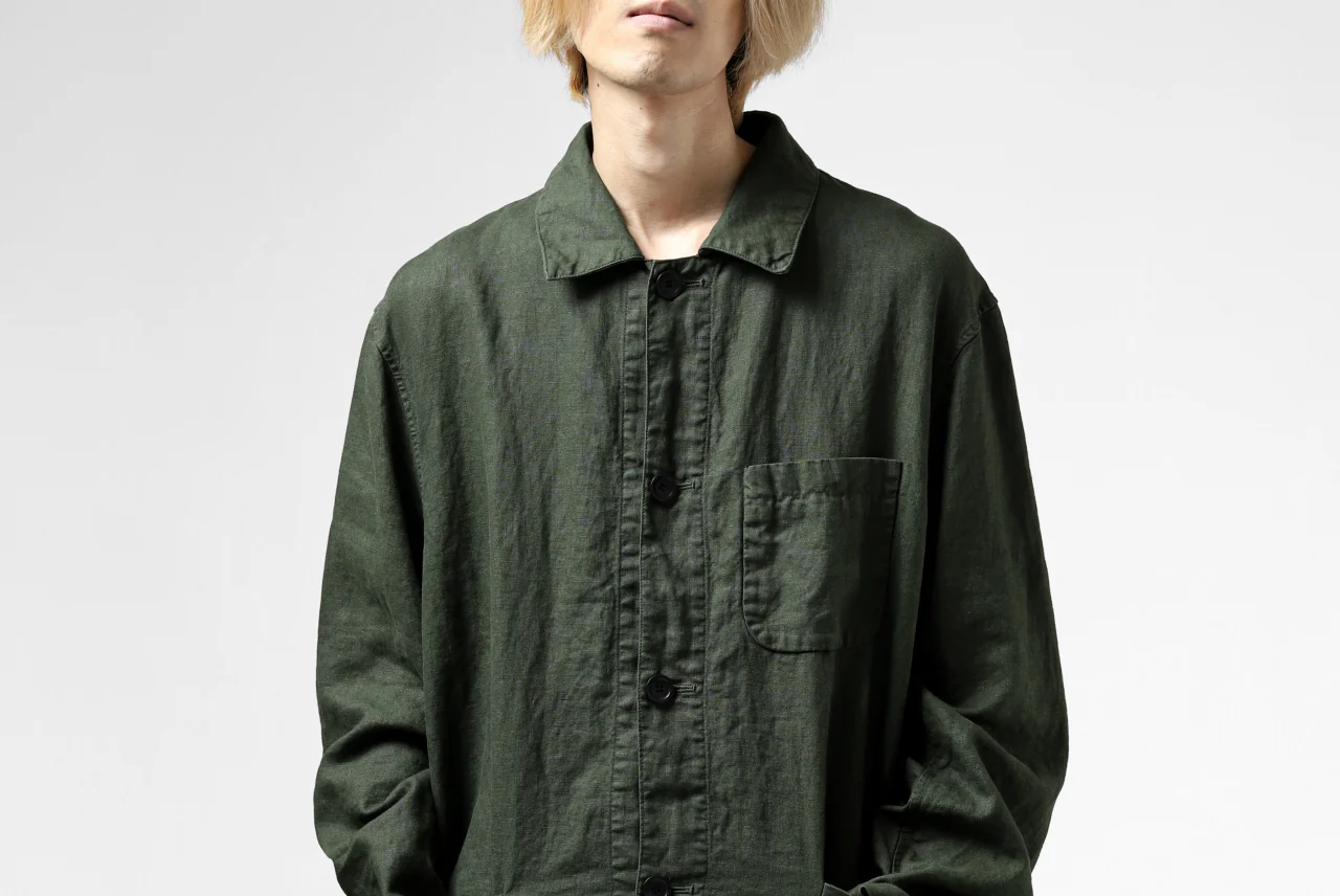 ISAMU KATAYAMA BACKLASH WORK COAT / GARMENT NATURAL DYED LINEN (LEAF) - Image 39