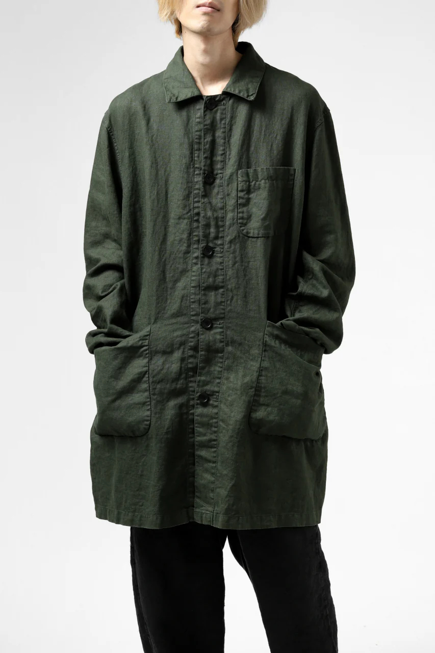 ISAMU KATAYAMA BACKLASH WORK COAT / GARMENT NATURAL DYED LINEN (LEAF) - Image 4