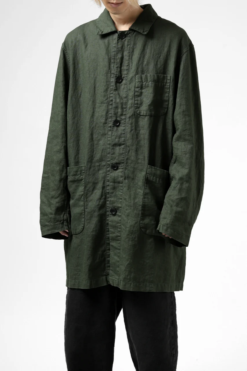 ISAMU KATAYAMA BACKLASH WORK COAT / GARMENT NATURAL DYED LINEN (LEAF) - Image 6