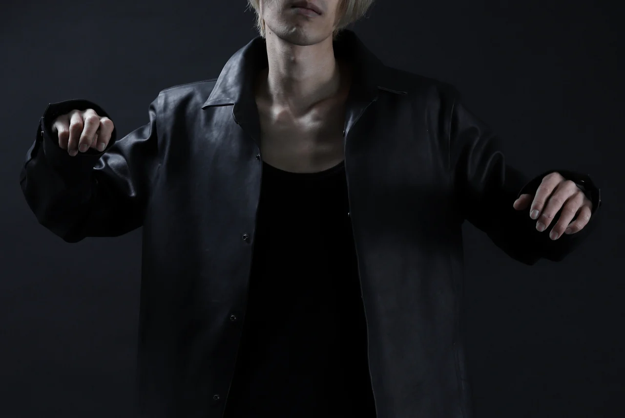 ISAMU KATAYAMA BACKLASH xx GUIDI COMMA 8 LEATHER SHIRT / CALF "Vitello Fiore Volonato" (BLACK) - Image 61