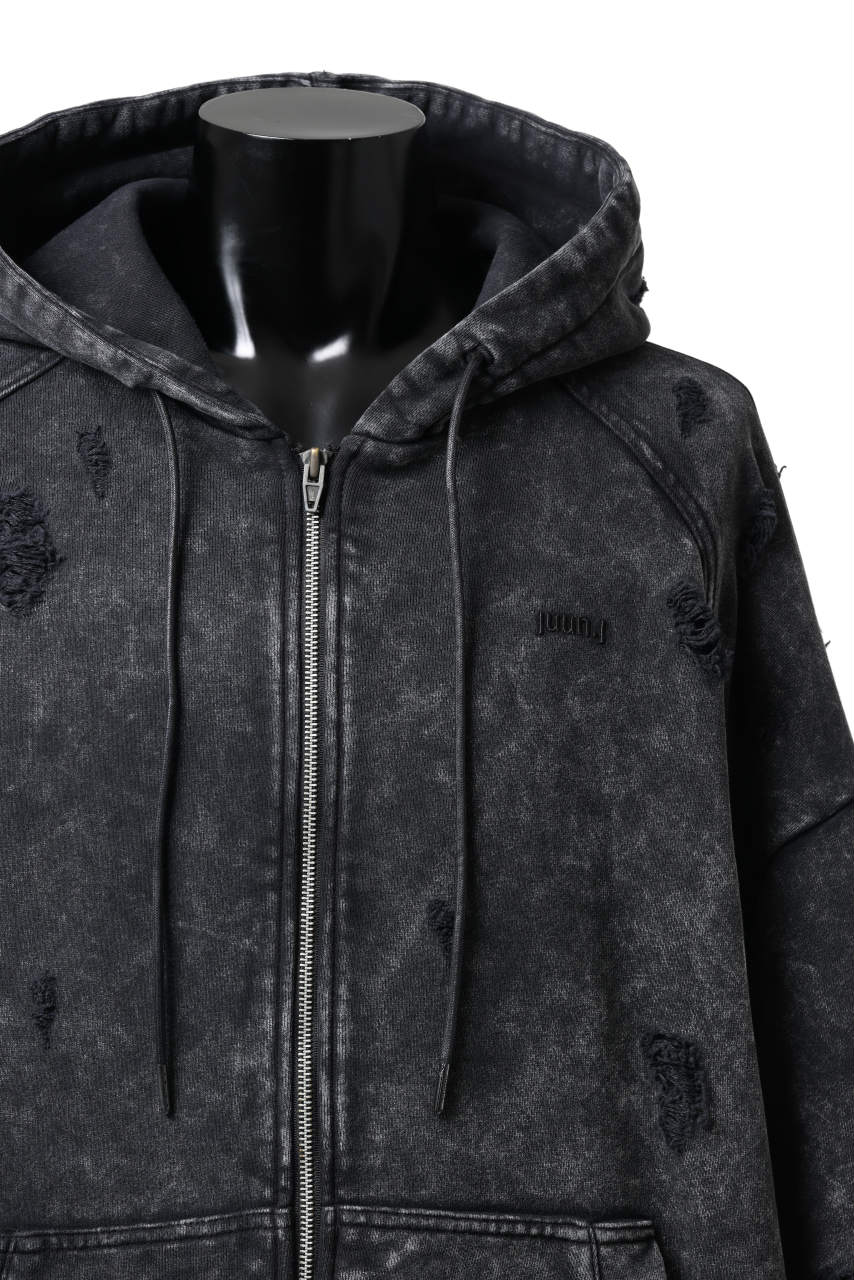 Juun.J Garment Dyed Distressed Zip Up Hoodie (GREY) - Image 7