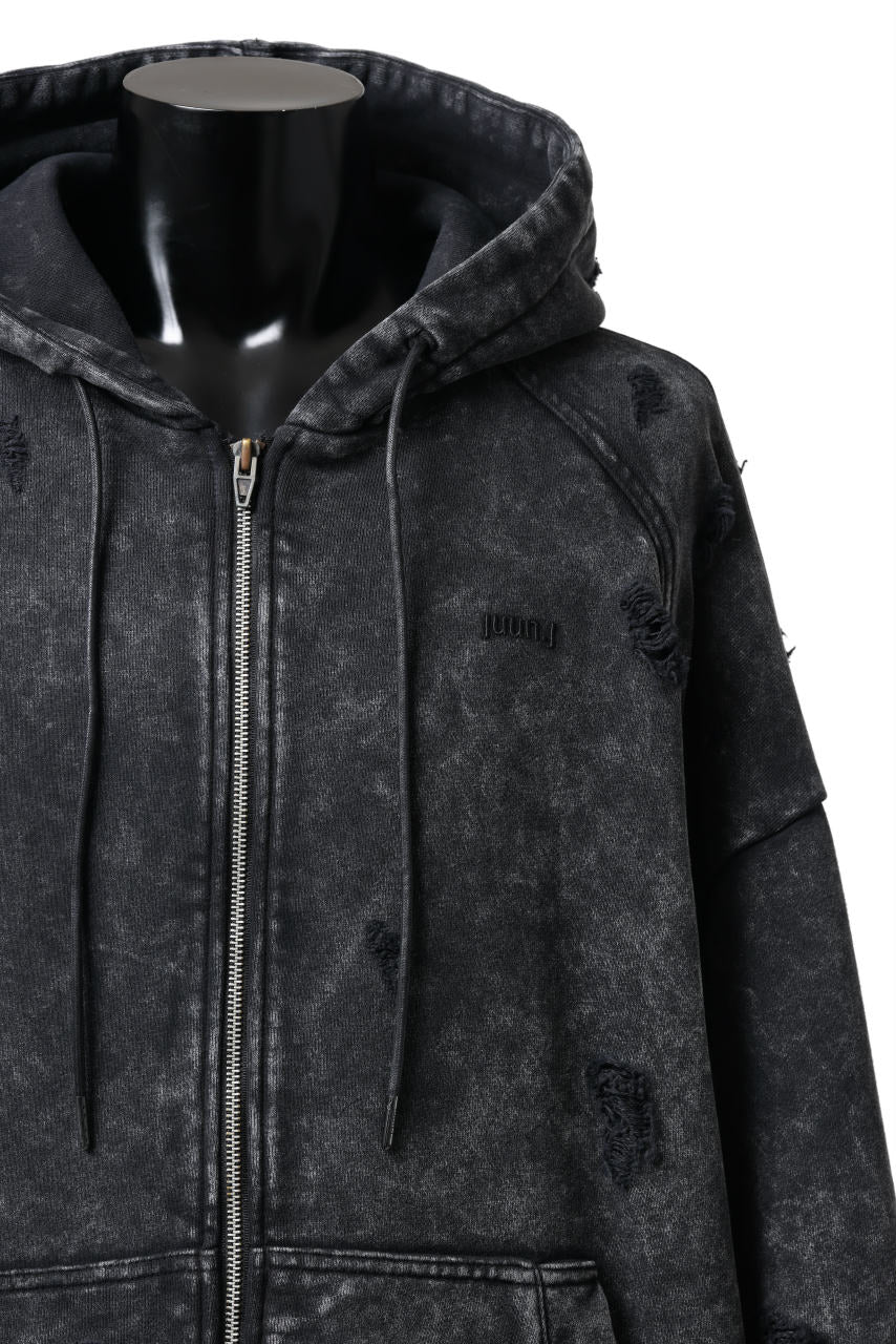 Juun.J Garment Dyed Distressed Zip Up Hoodie (GREY) - Image 8