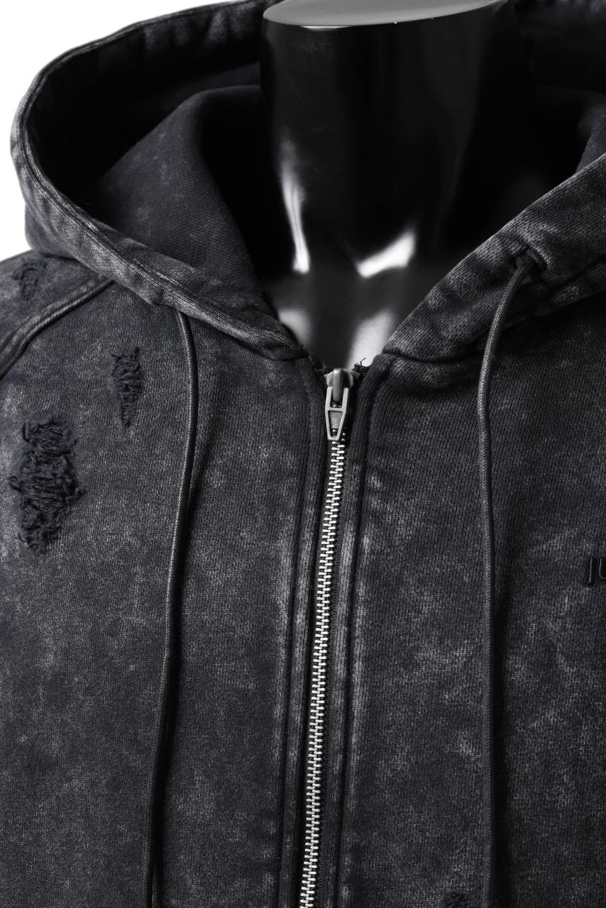 Juun.J Garment Dyed Distressed Zip Up Hoodie (GREY) - Image 9