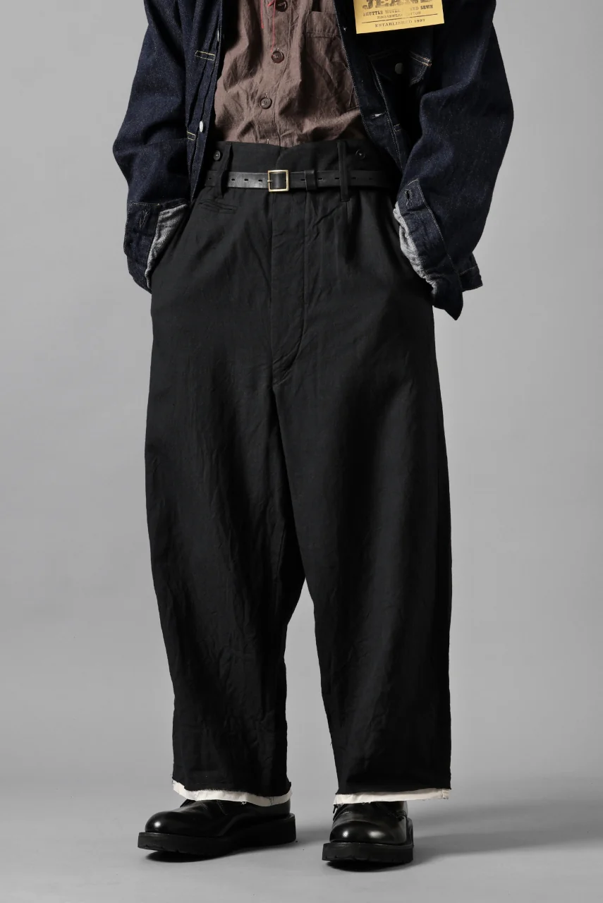 KLASICA "GALWAY" CUT OFF BOLD STRAIGHT TROUSERS / "END ON END" SUPER 120's WOOL x HEMP (MATT BLACK) - Image 15