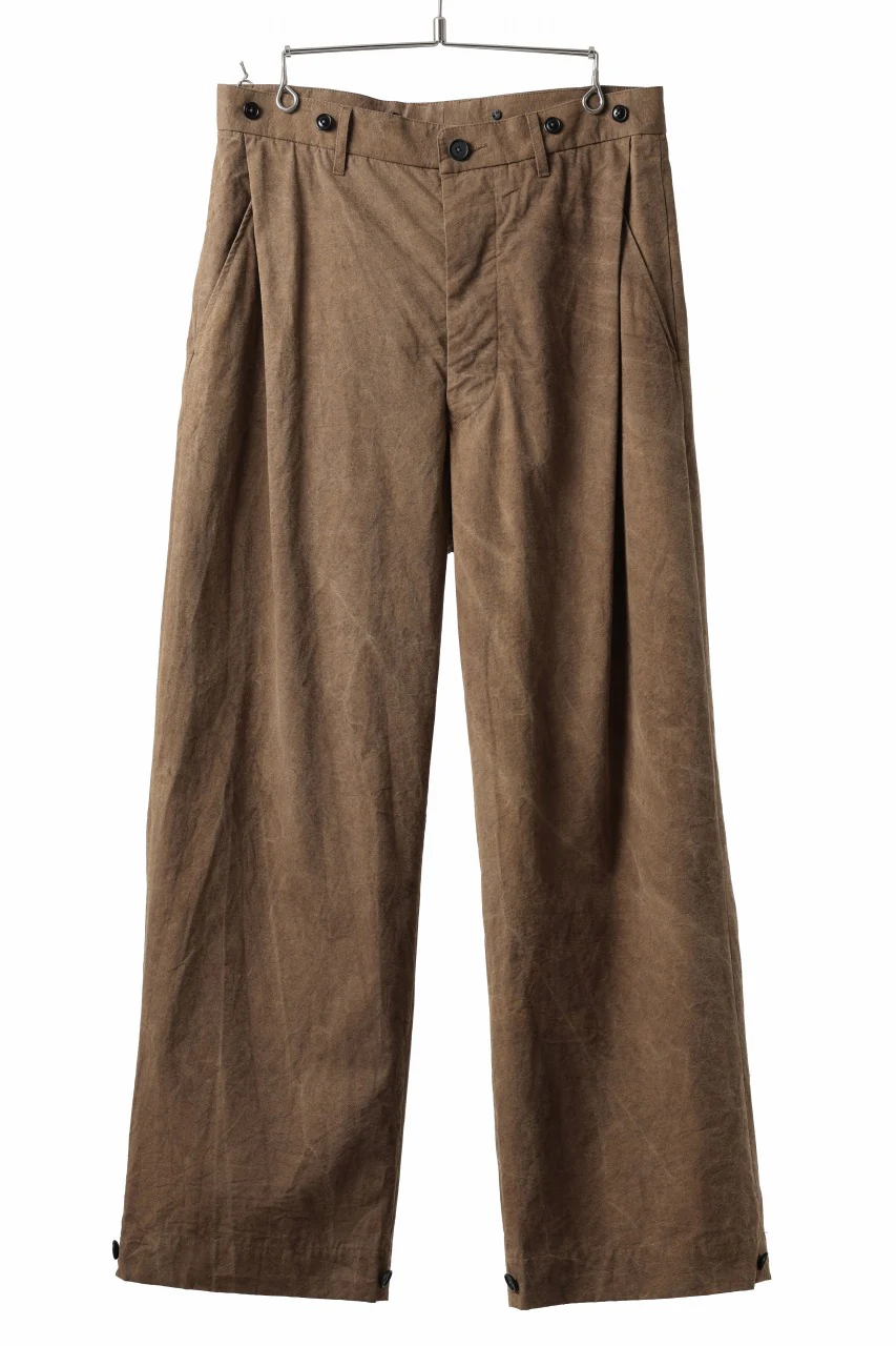 KLASICA LINDBERGH (ND ver.) SIDE TUCKED WIDE STRAIGHT TROUSERS / NATURAL DYED COTTON x SILK WEATHER (KAKI BROWN) - Image 2