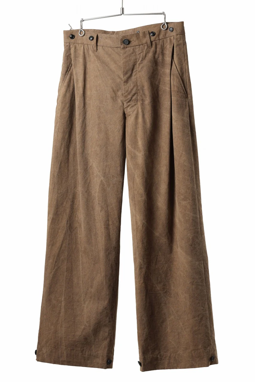KLASICA LINDBERGH (ND ver.) SIDE TUCKED WIDE STRAIGHT TROUSERS / NATURAL DYED COTTON x SILK WEATHER (KAKI BROWN) - Image 3