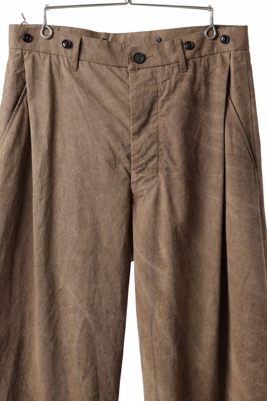 KLASICA LINDBERGH (ND ver.) SIDE TUCKED WIDE STRAIGHT TROUSERS / NATURAL DYED COTTON x SILK WEATHER (KAKI BROWN) - Image 5