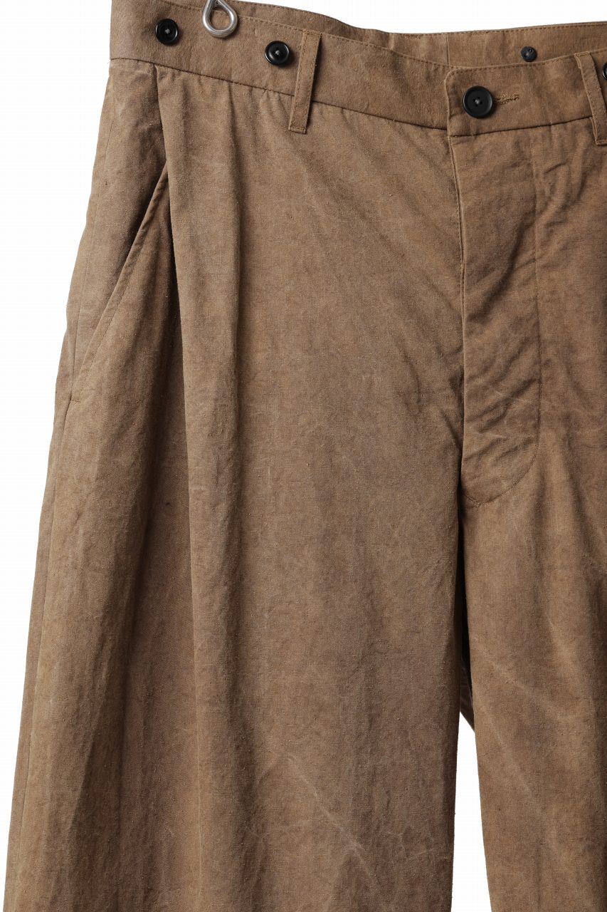 KLASICA LINDBERGH (ND ver.) SIDE TUCKED WIDE STRAIGHT TROUSERS / NATURAL DYED COTTON x SILK WEATHER (KAKI BROWN) - Image 7