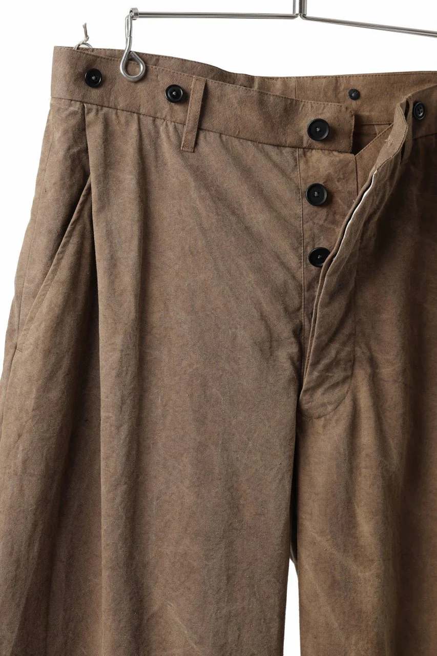 KLASICA LINDBERGH (ND ver.) SIDE TUCKED WIDE STRAIGHT TROUSERS / NATURAL DYED COTTON x SILK WEATHER (KAKI BROWN) - Image 9