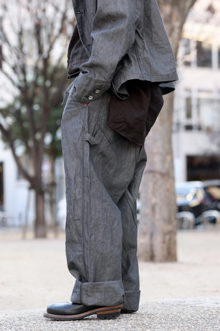 KLASICA "ROCKWELL" LOW CLOTCH APRON WORKER PANTS / 9.7oz COTTON x LINEN CHAMBRAY (GRAY DENIM) - Image 29