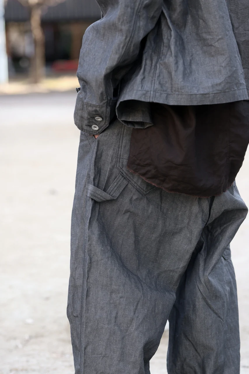 KLASICA "ROCKWELL" LOW CLOTCH APRON WORKER PANTS / 9.7oz COTTON x LINEN CHAMBRAY (GRAY DENIM) - Image 32