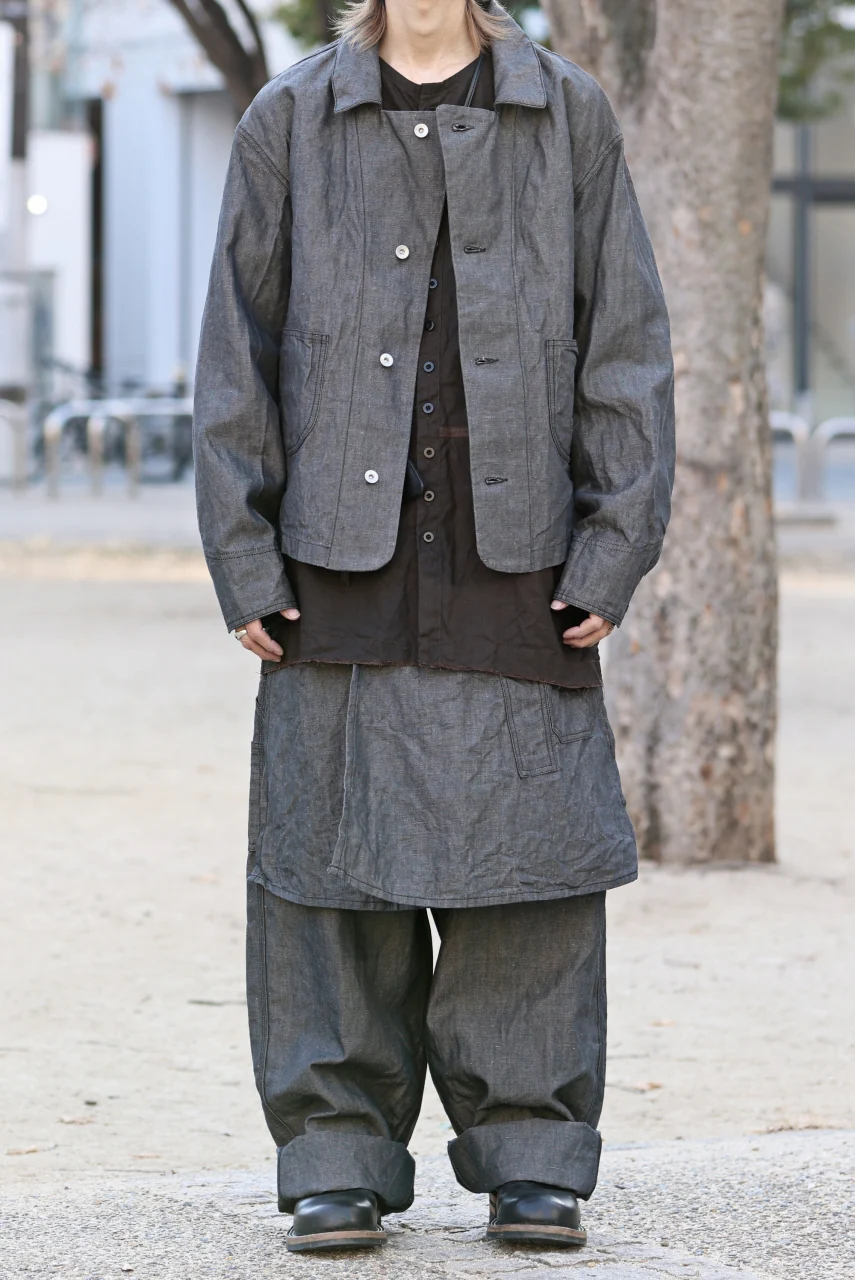 KLASICA "ROCKWELL" LOW CLOTCH APRON WORKER PANTS / 9.7oz COTTON x LINEN CHAMBRAY (GRAY DENIM) - Image 39