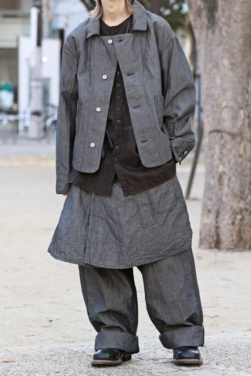 KLASICA "ROCKWELL" LOW CLOTCH APRON WORKER PANTS / 9.7oz COTTON x LINEN CHAMBRAY (GRAY DENIM) - Image 41