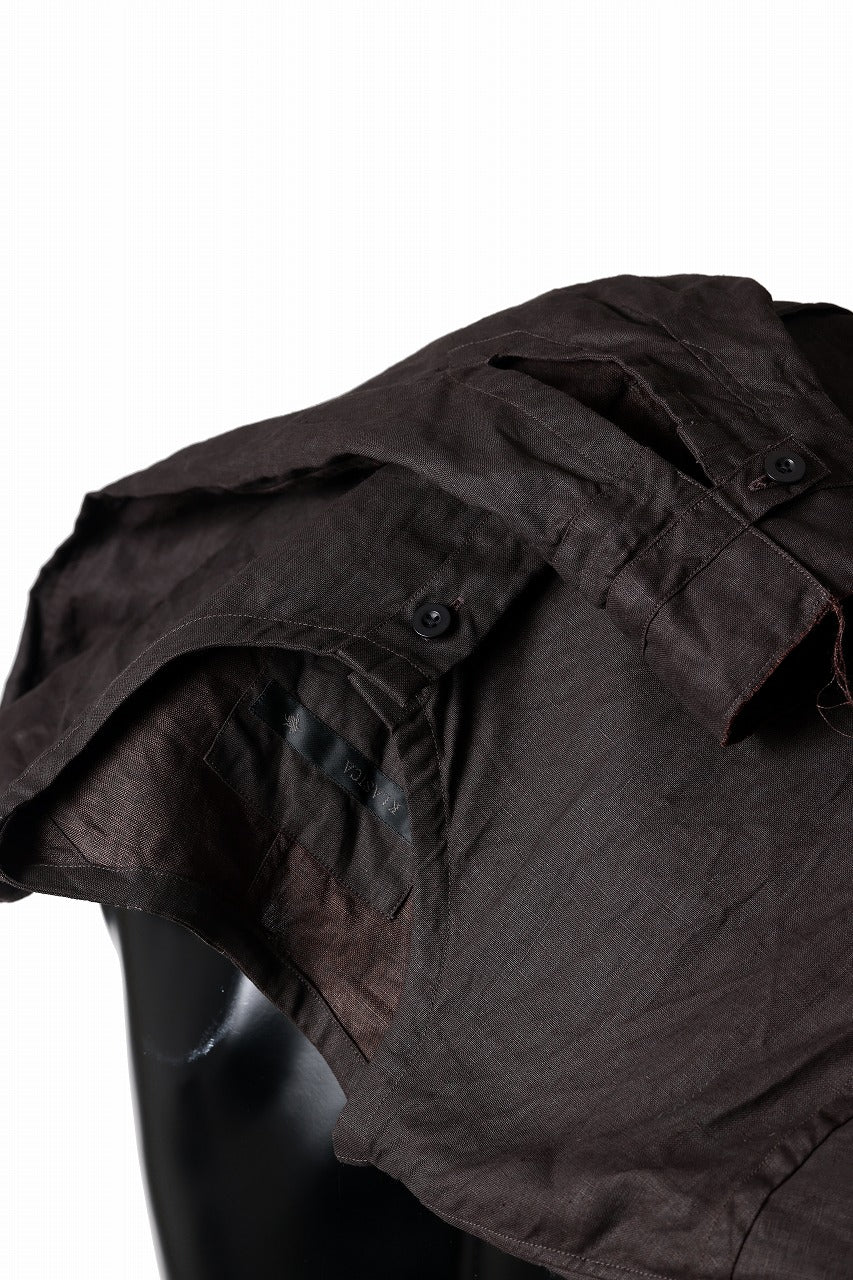 KLASICA "SH-044" SPLIT RAGLAN COLLAR LESS SHIRTS / BENGARA & SUMI COATED LINEN (BENGARA) - Image 17