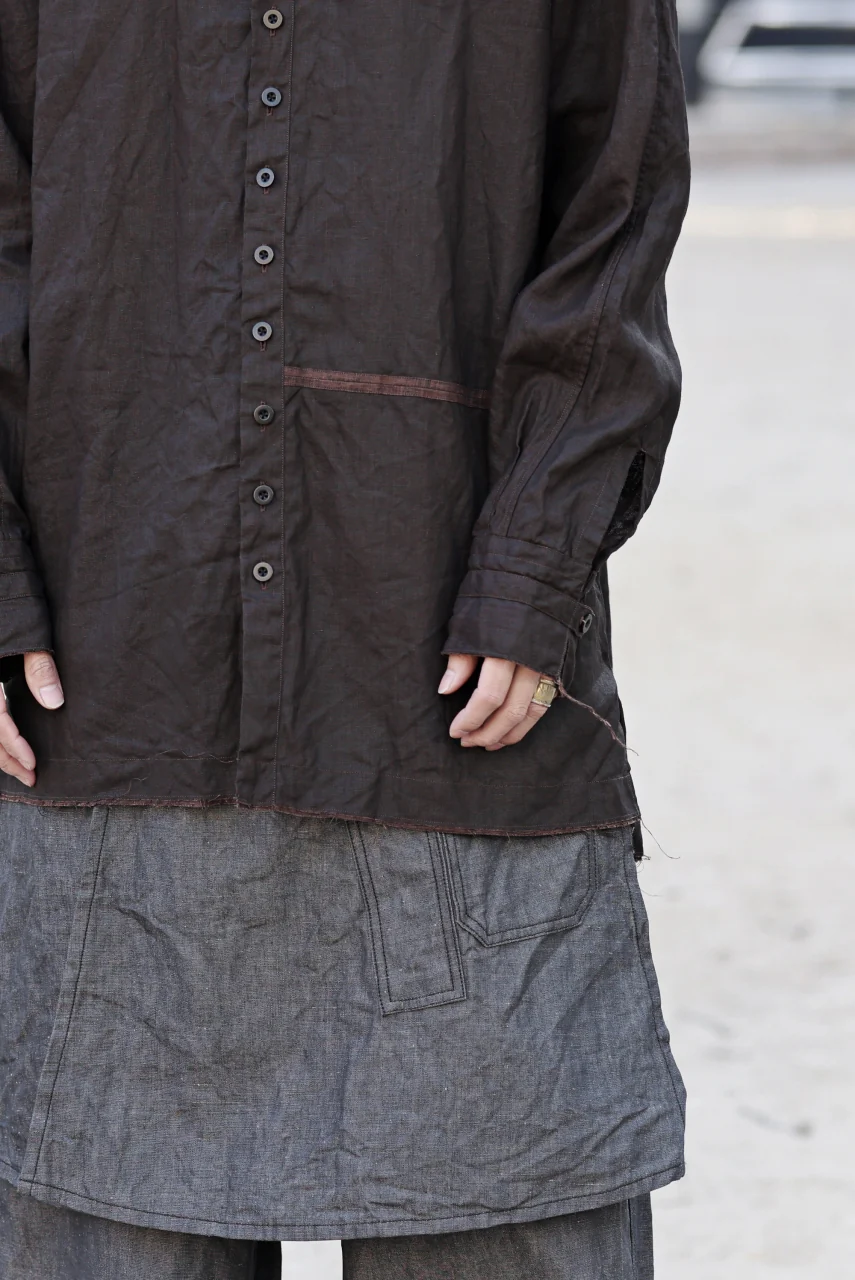KLASICA "SH-044" SPLIT RAGLAN COLLAR LESS SHIRTS / BENGARA & SUMI COATED LINEN (BENGARA) - Image 19