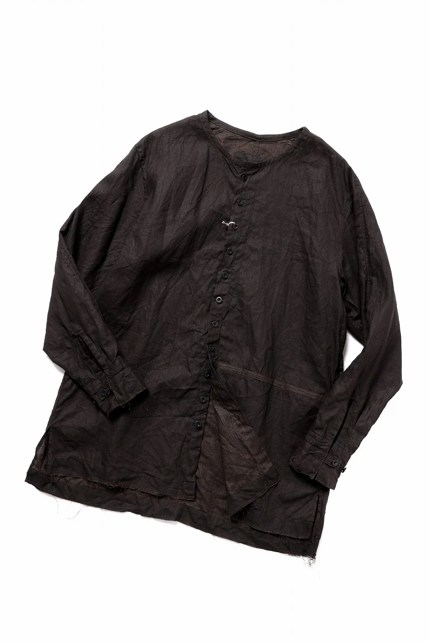 KLASICA "SH-044" SPLIT RAGLAN COLLAR LESS SHIRTS / BENGARA & SUMI COATED LINEN (BENGARA) - Image 2
