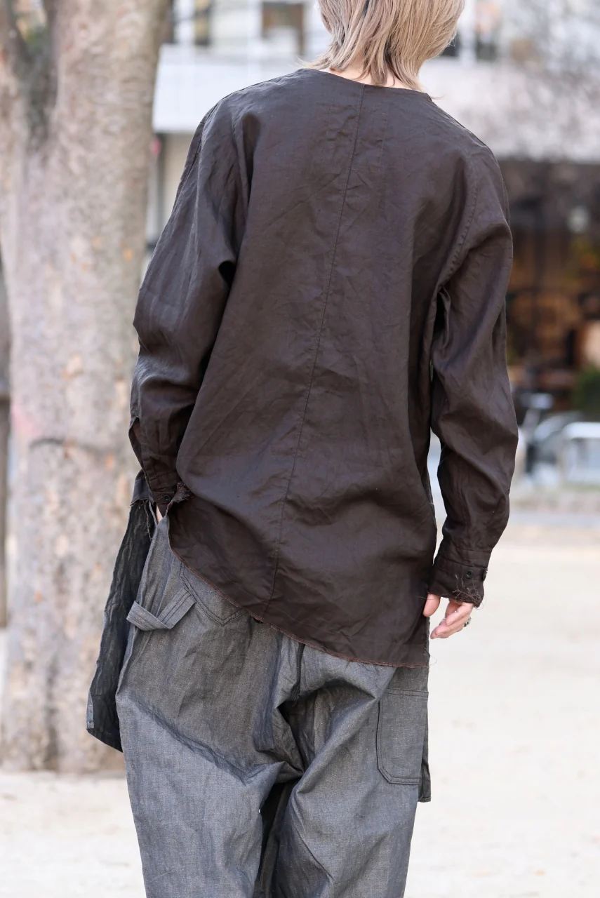 KLASICA "SH-044" SPLIT RAGLAN COLLAR LESS SHIRTS / BENGARA & SUMI COATED LINEN (BENGARA) - Image 22