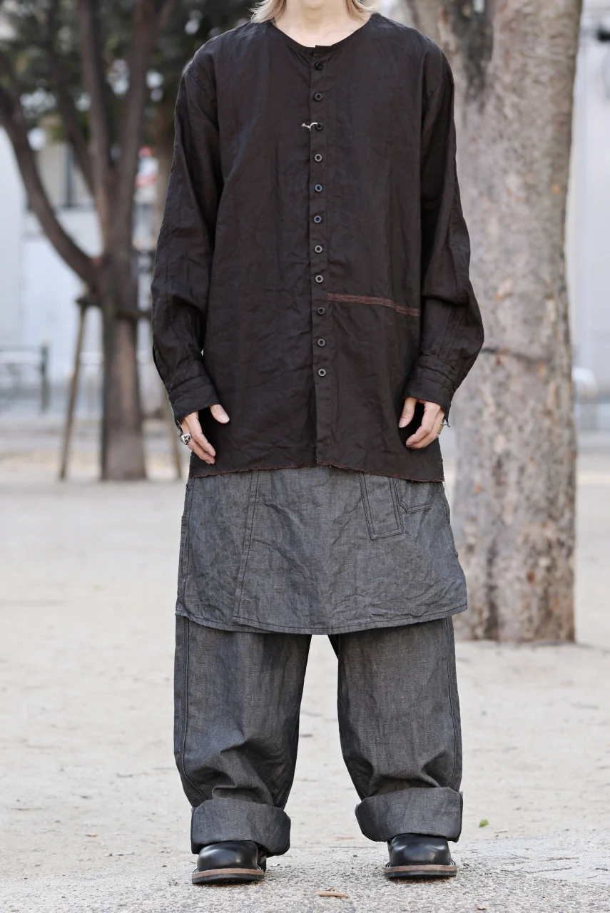 KLASICA "SH-044" SPLIT RAGLAN COLLAR LESS SHIRTS / BENGARA & SUMI COATED LINEN (BENGARA) - Image 26