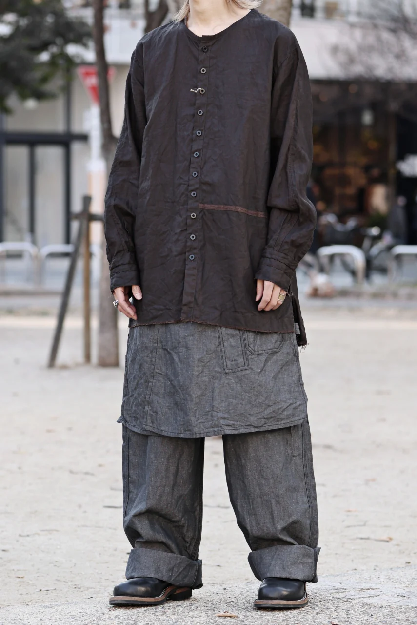 KLASICA "SH-044" SPLIT RAGLAN COLLAR LESS SHIRTS / BENGARA & SUMI COATED LINEN (BENGARA) - Image 27