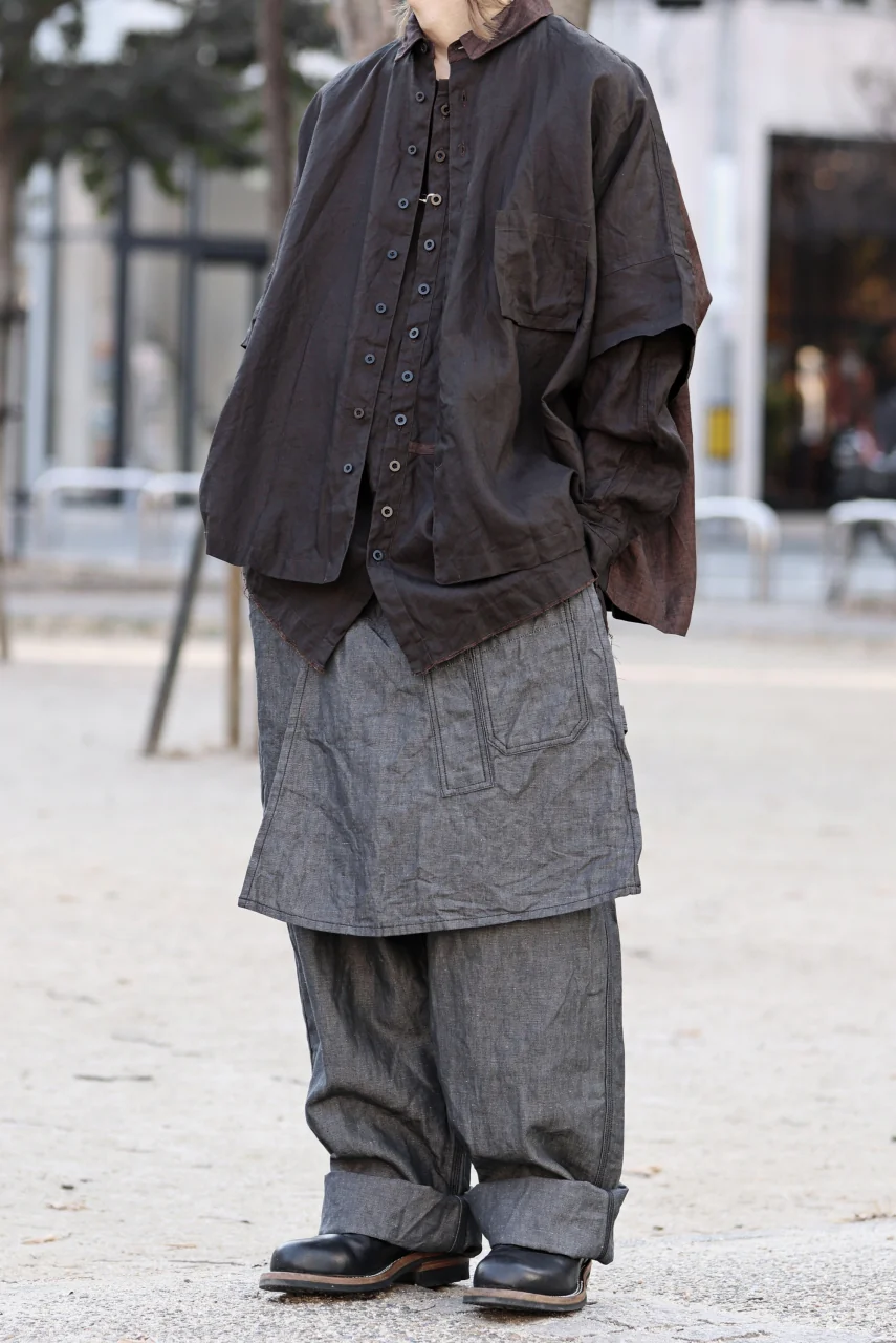KLASICA "SH-044" SPLIT RAGLAN COLLAR LESS SHIRTS / BENGARA & SUMI COATED LINEN (BENGARA) - Image 31