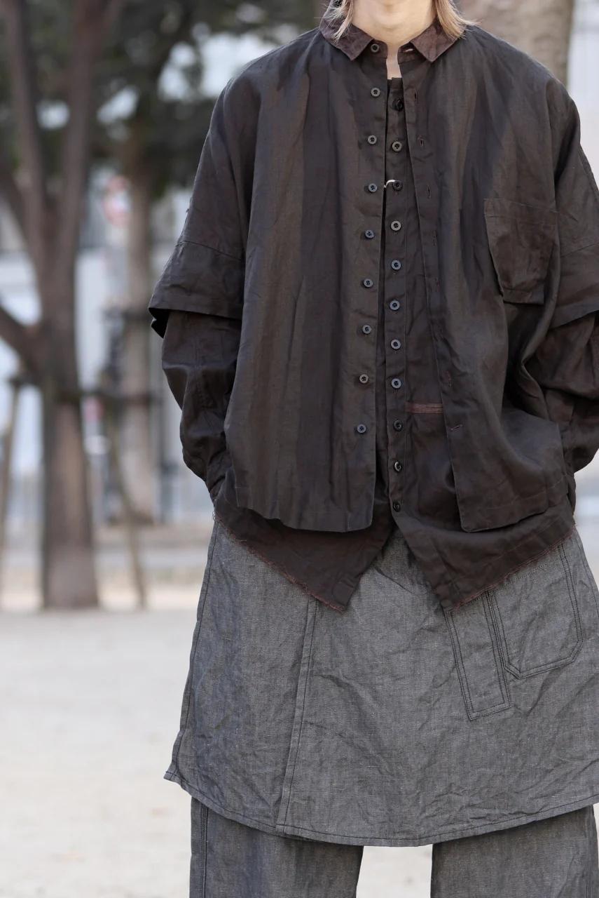 KLASICA "SH-047" EXTRA DROPPED 1/2 SLEEVE SHIRTS / BENGARA & SUMI COATED LINEN (BENGARA) - Image 15
