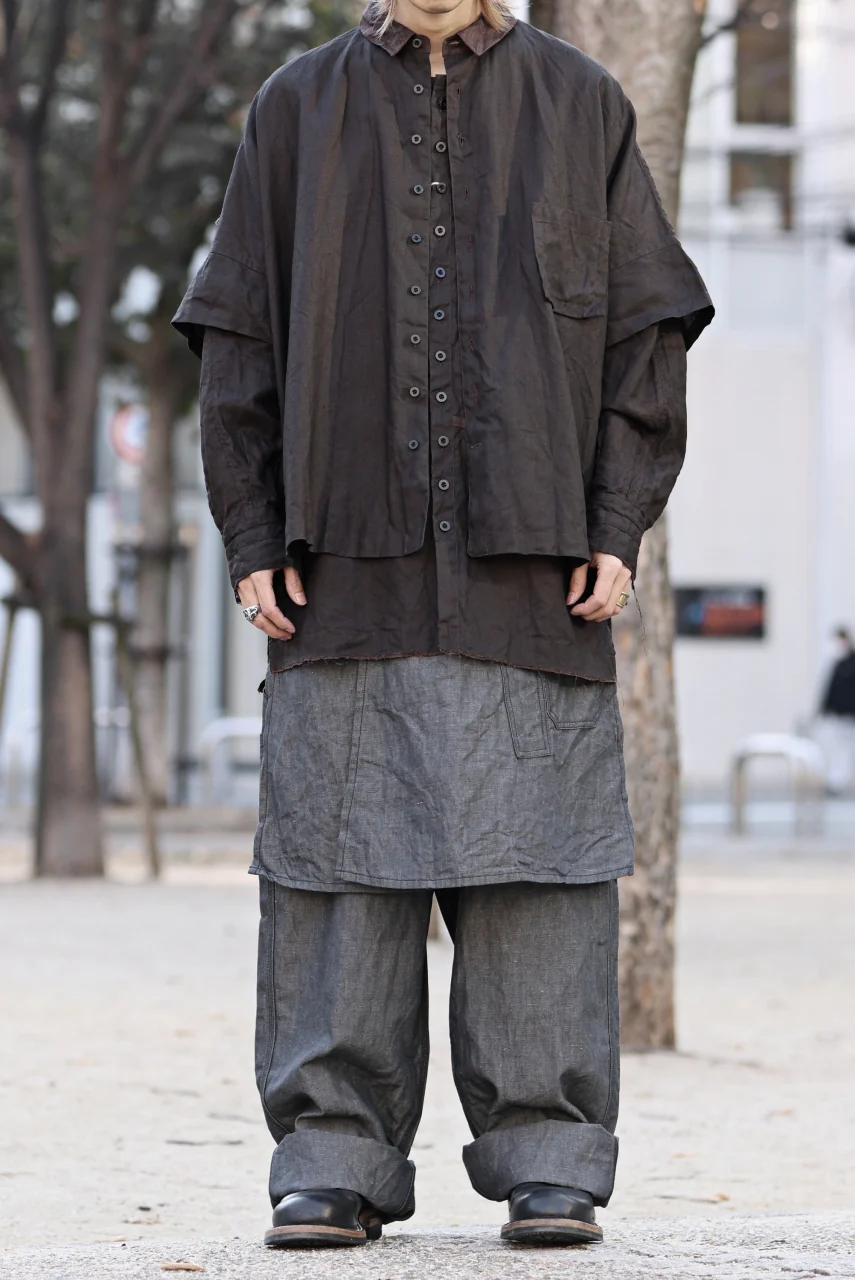 KLASICA "SH-047" EXTRA DROPPED 1/2 SLEEVE SHIRTS / BENGARA & SUMI COATED LINEN (BENGARA) - Image 18