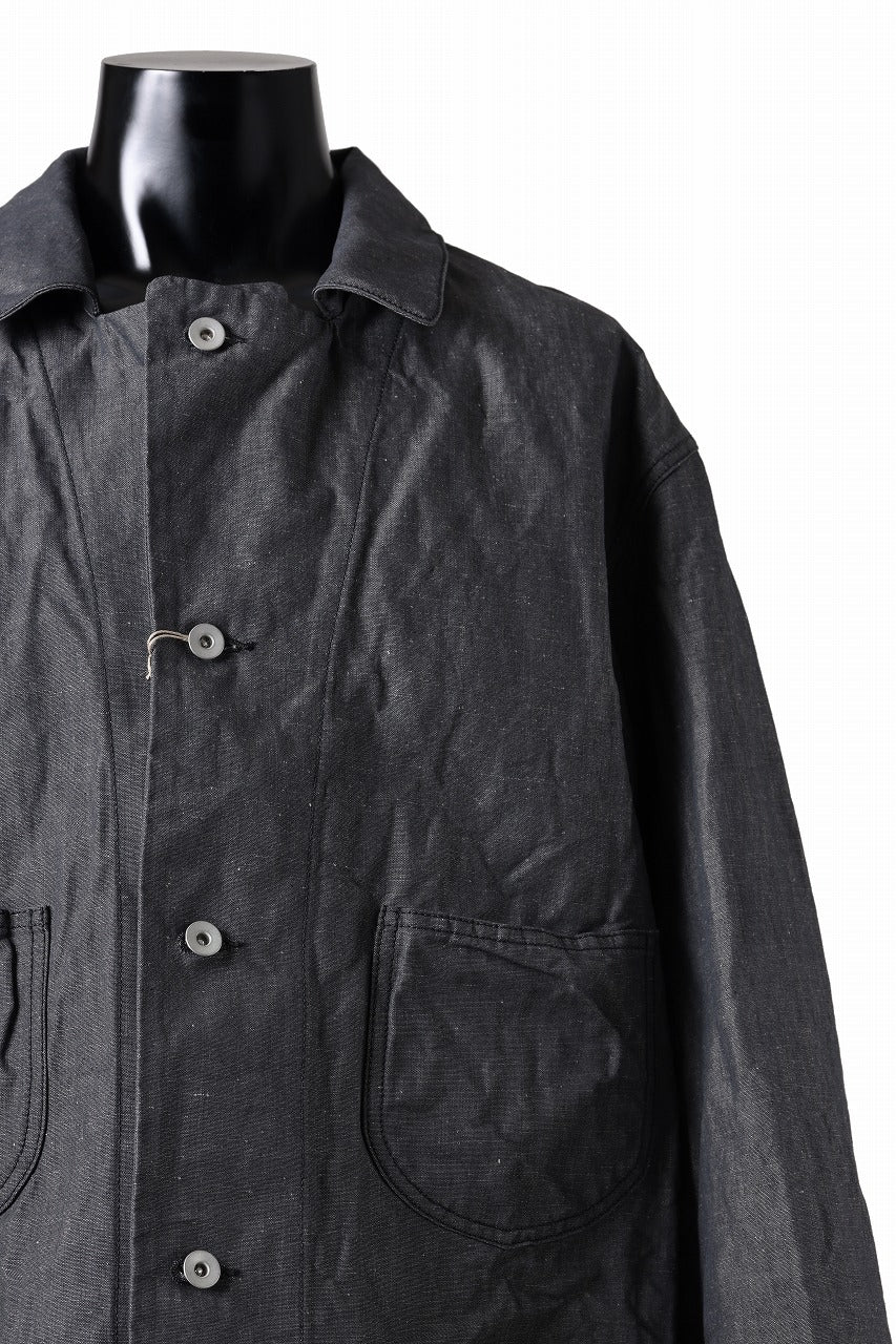 KLASICA "SOLO WOOD" LOOSE FIT SHORT COVER ALL / 9.7oz COTTON x LINEN CHAMBRAY (GRAY DENIM) - Image 10