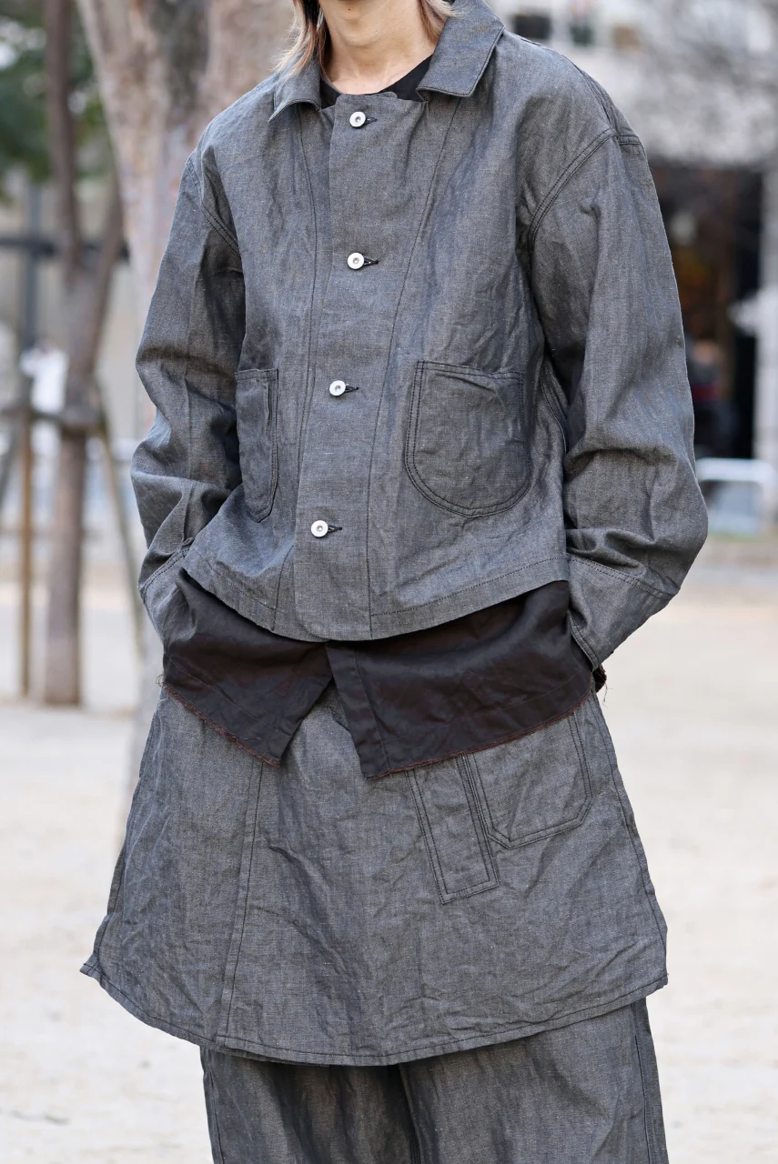 KLASICA "SOLO WOOD" LOOSE FIT SHORT COVER ALL / 9.7oz COTTON x LINEN CHAMBRAY (GRAY DENIM) - Image 20