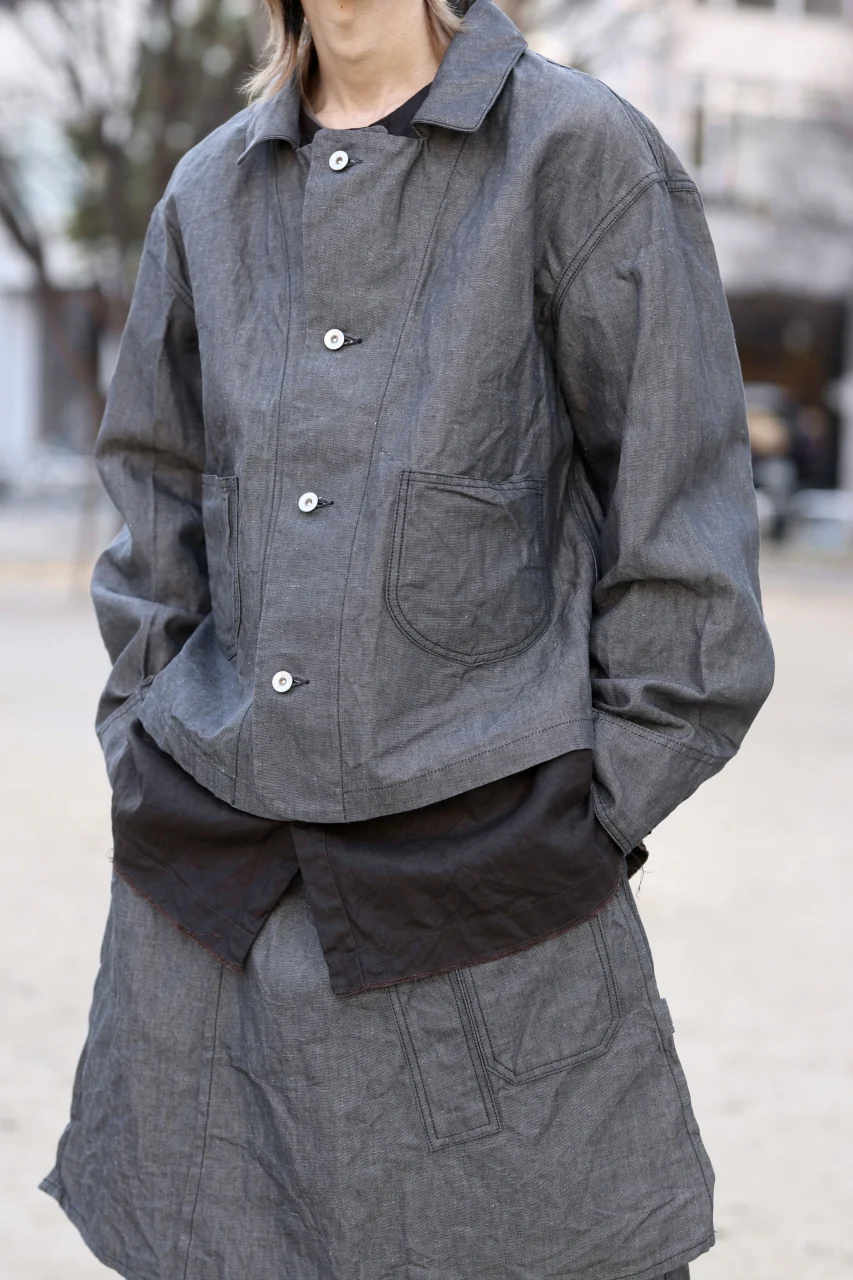 KLASICA "SOLO WOOD" LOOSE FIT SHORT COVER ALL / 9.7oz COTTON x LINEN CHAMBRAY (GRAY DENIM) - Image 21