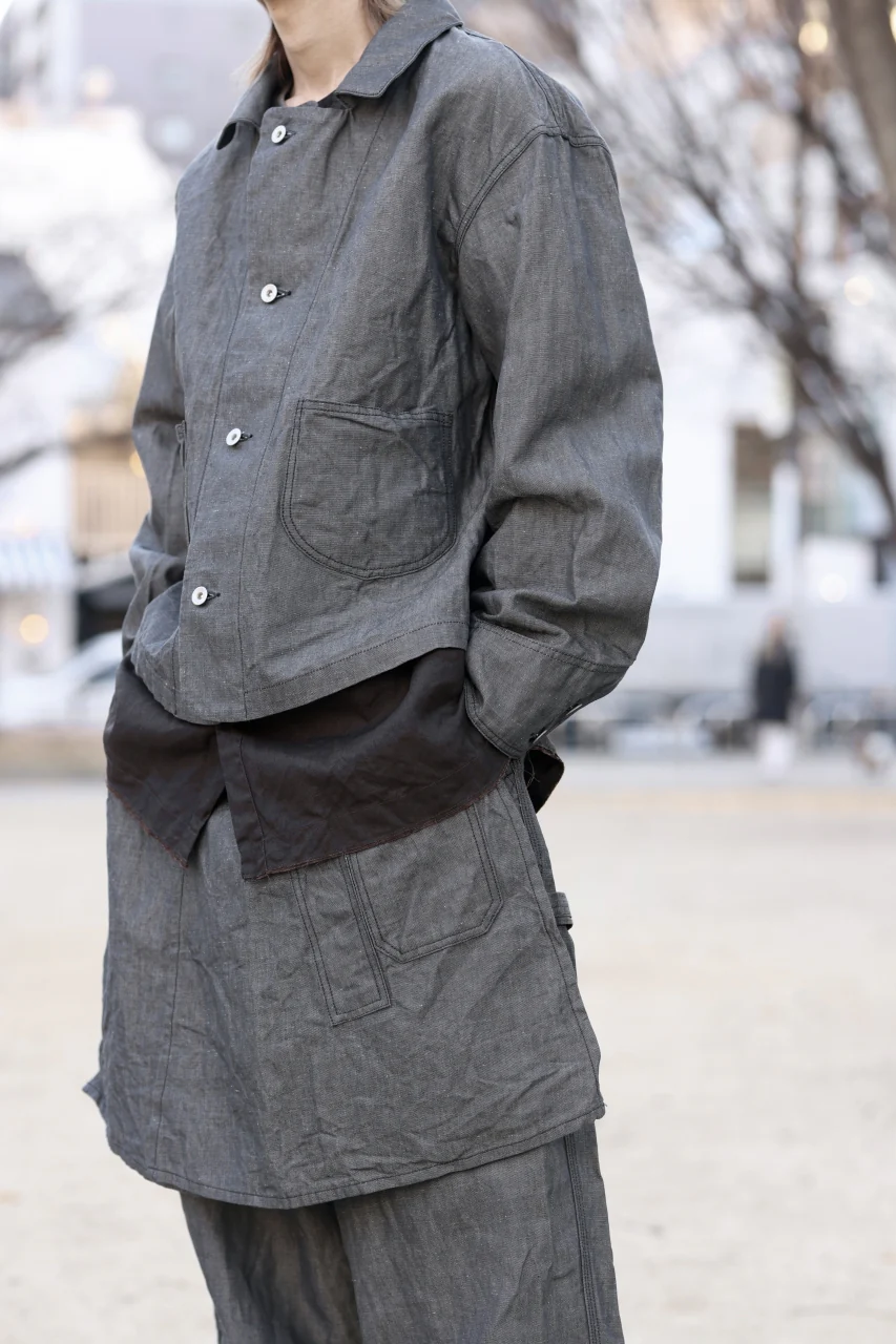 KLASICA "SOLO WOOD" LOOSE FIT SHORT COVER ALL / 9.7oz COTTON x LINEN CHAMBRAY (GRAY DENIM) - Image 22
