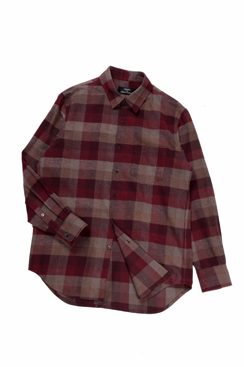 kujaku flannel dress shirt / S-610 (red × brown) - Image 2