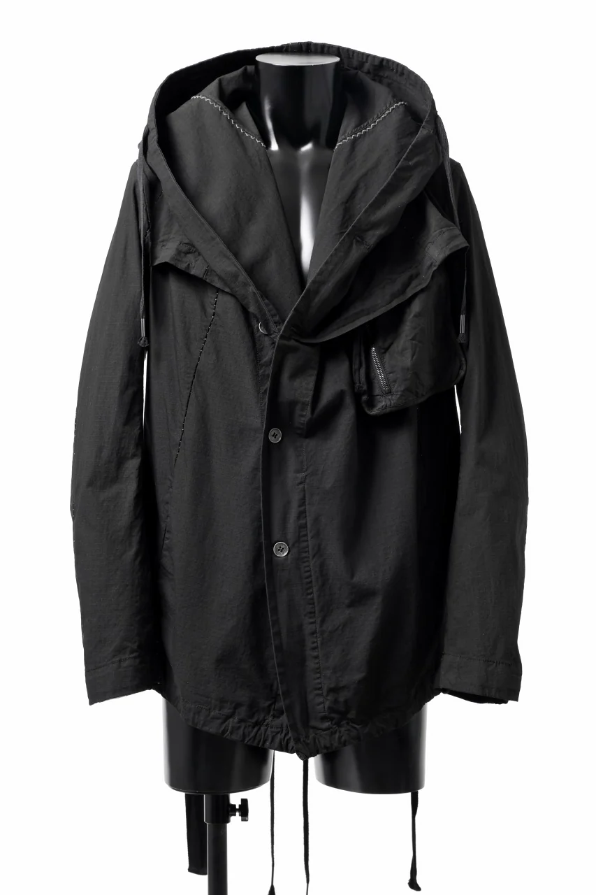 masnada CROPPED LOOSE POCKET PARKA JACKET / STRETCH COTTON RIPSTOP (SOLID BLACK) - Image 2