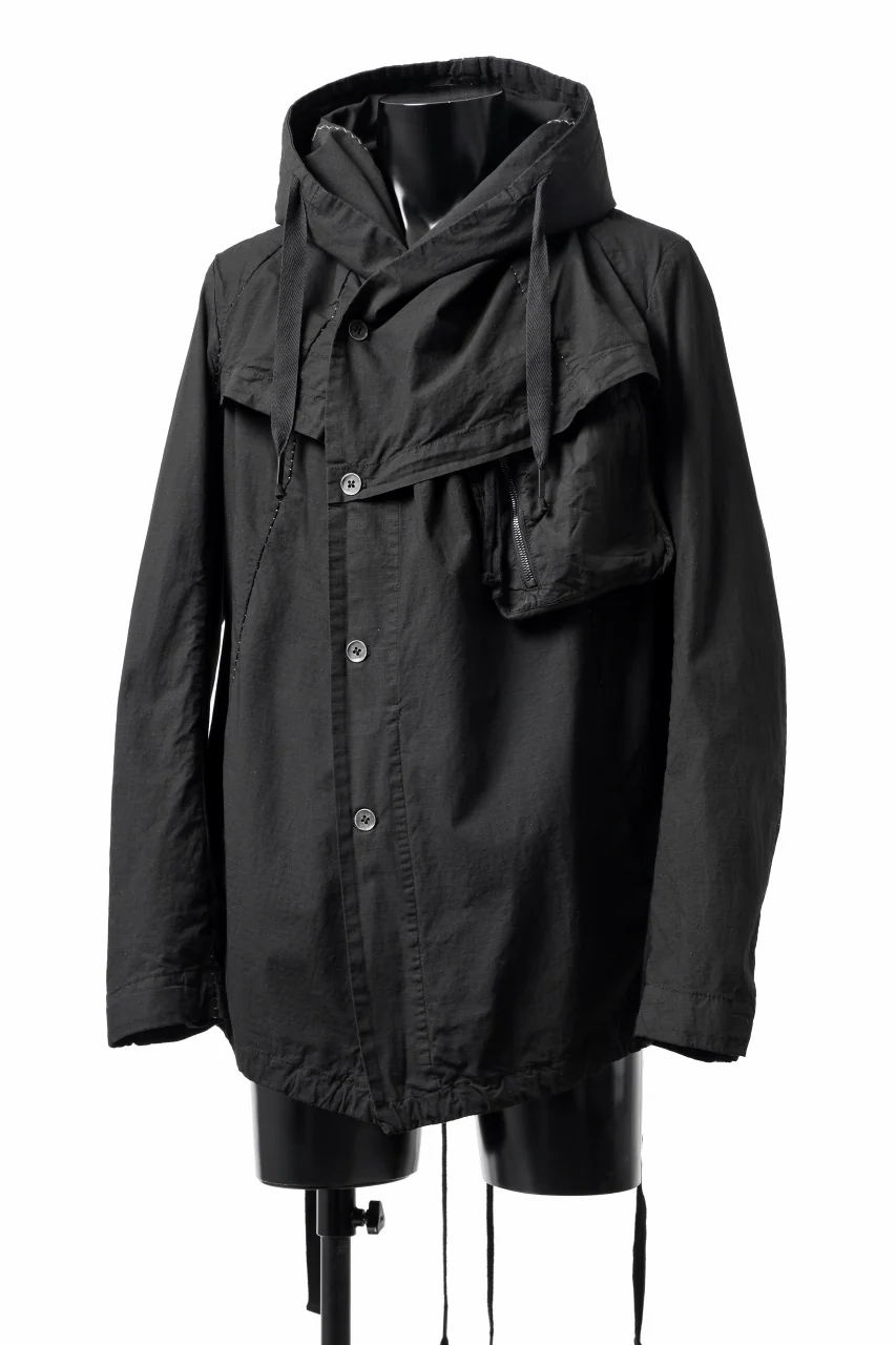 masnada CROPPED LOOSE POCKET PARKA JACKET / STRETCH COTTON RIPSTOP (SOLID BLACK) - Image 3