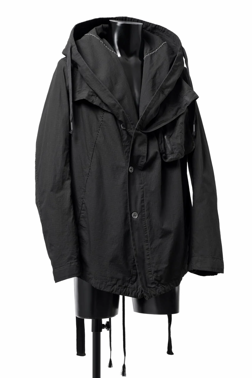 masnada CROPPED LOOSE POCKET PARKA JACKET / STRETCH COTTON RIPSTOP (SOLID BLACK) - Image 4