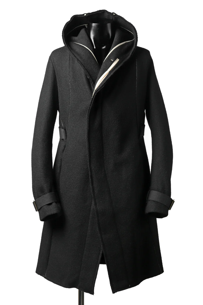 masnada HOODIE WRAP COAT with HARNESS BELT / TWEED LANA INTRECCIATA (BLACK)