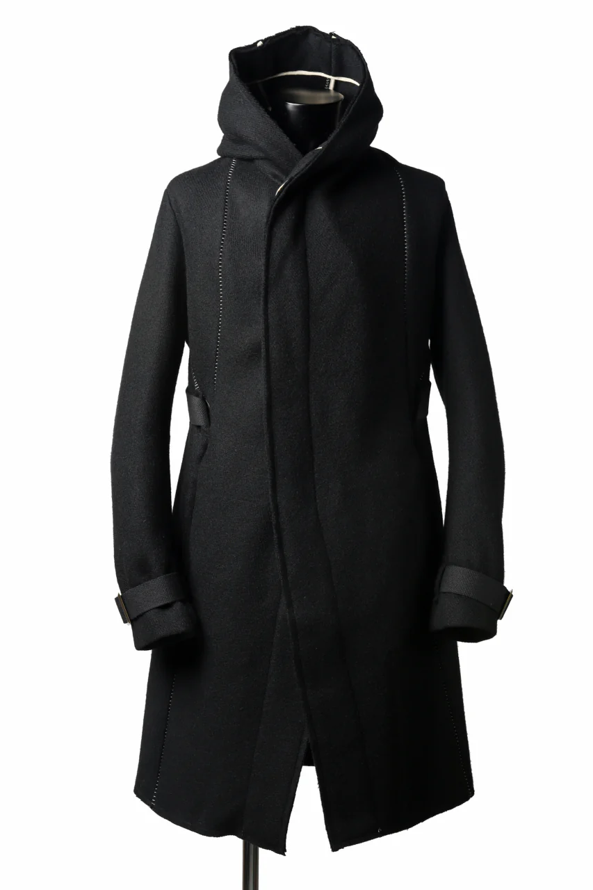 masnada HOODIE WRAP COAT with HARNESS BELT / TWEED LANA INTRECCIATA (BLACK) - Image 10