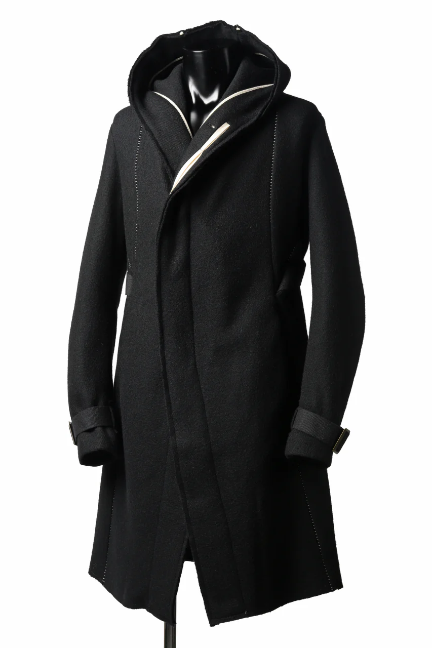 masnada HOODIE WRAP COAT with HARNESS BELT / TWEED LANA INTRECCIATA (BLACK) - Image 11