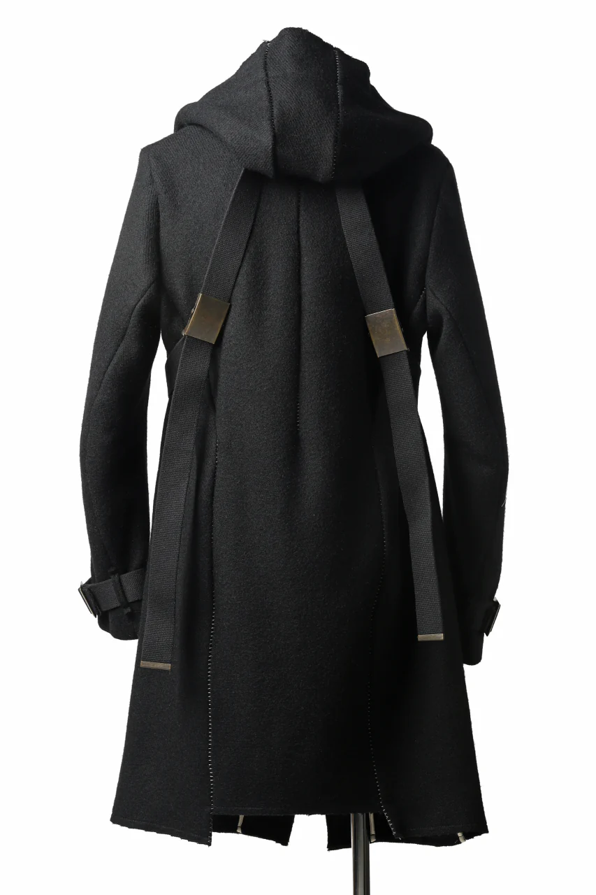 masnada HOODIE WRAP COAT with HARNESS BELT / TWEED LANA INTRECCIATA (BLACK) - Image 12