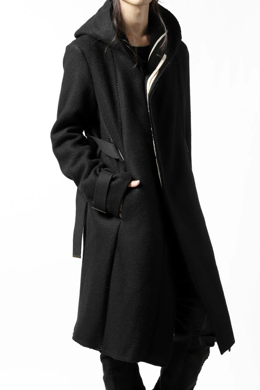 masnada HOODIE WRAP COAT with HARNESS BELT / TWEED LANA INTRECCIATA (BLACK) - Image 3