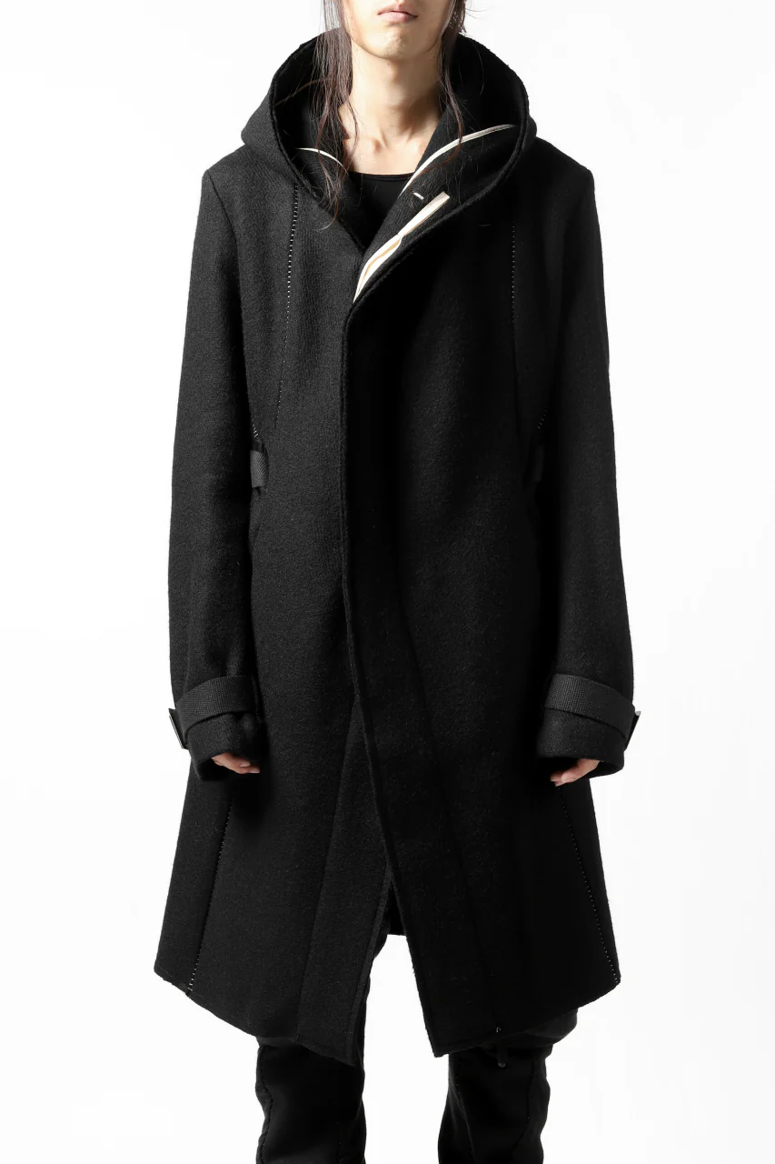 masnada HOODIE WRAP COAT with HARNESS BELT / TWEED LANA INTRECCIATA (BLACK) - Image 4
