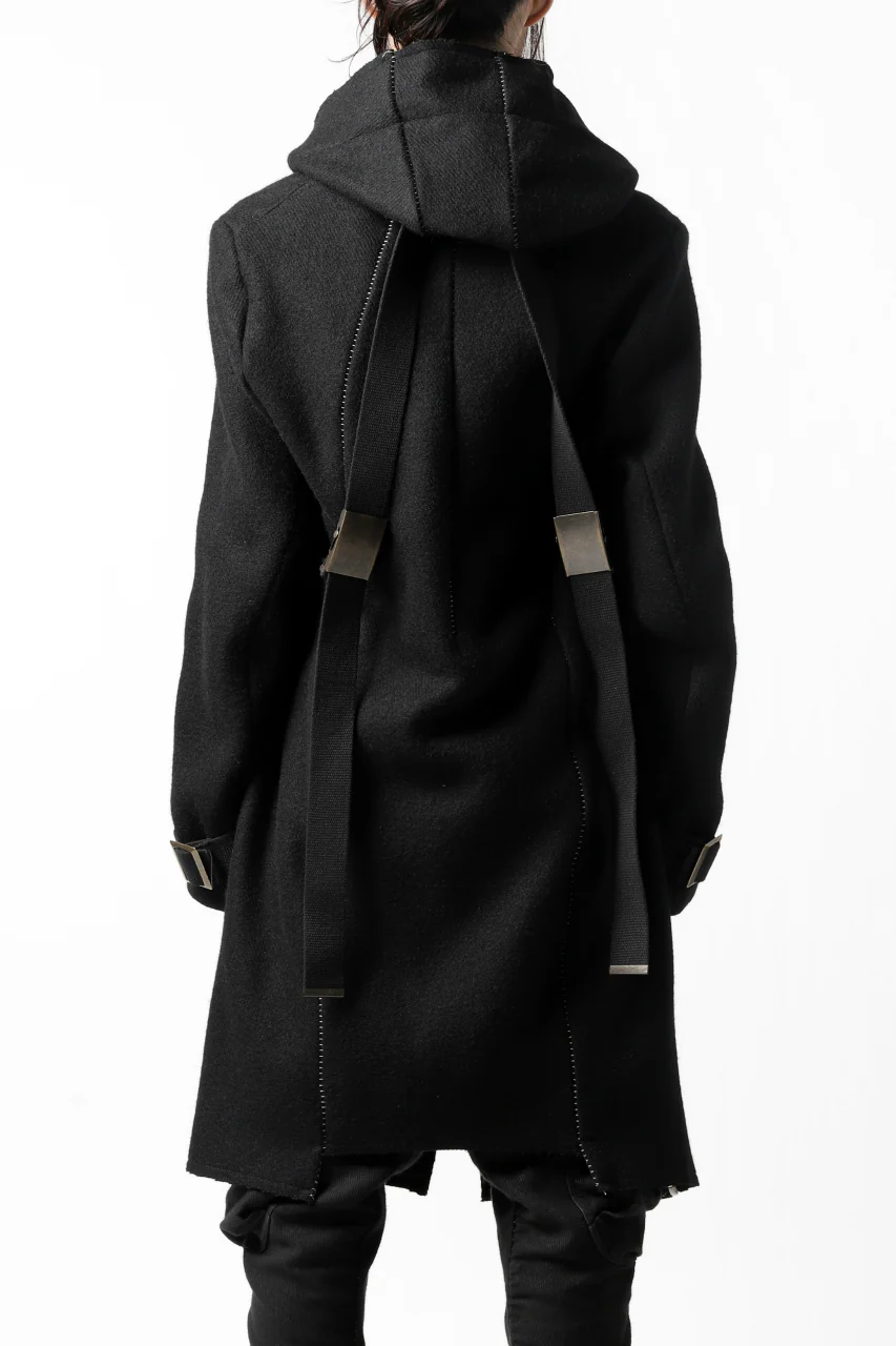 masnada HOODIE WRAP COAT with HARNESS BELT / TWEED LANA INTRECCIATA (BLACK) - Image 5