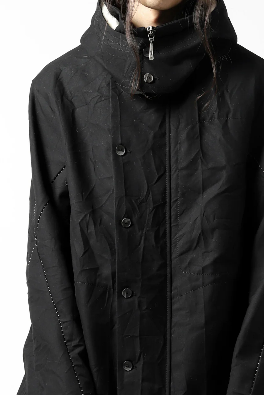 masnada MILITARY HOODIE LONG PARKA COAT with BOA LINNER / COTONE STROPICCIATO (BLACK) - Image 11