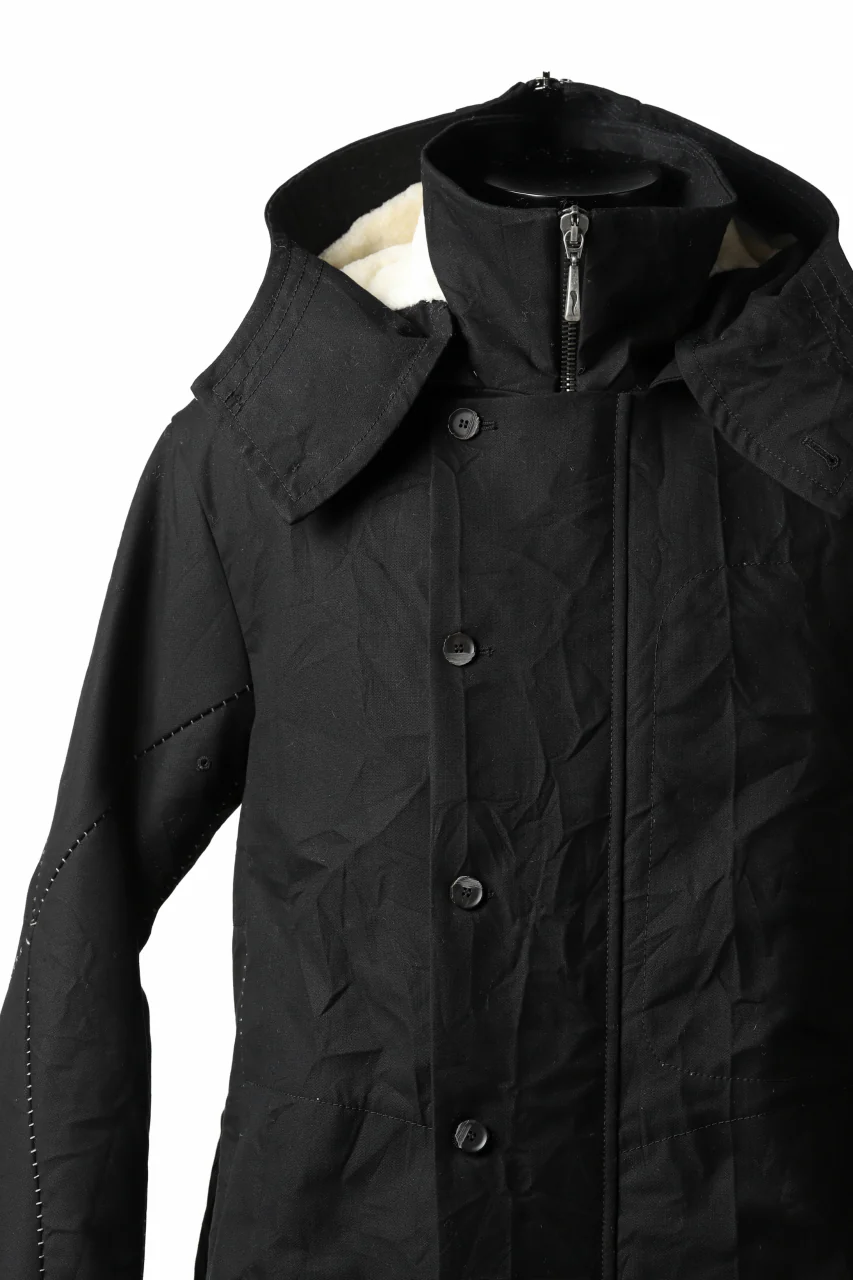 masnada MILITARY HOODIE LONG PARKA COAT with BOA LINNER / COTONE STROPICCIATO (BLACK) - Image 18