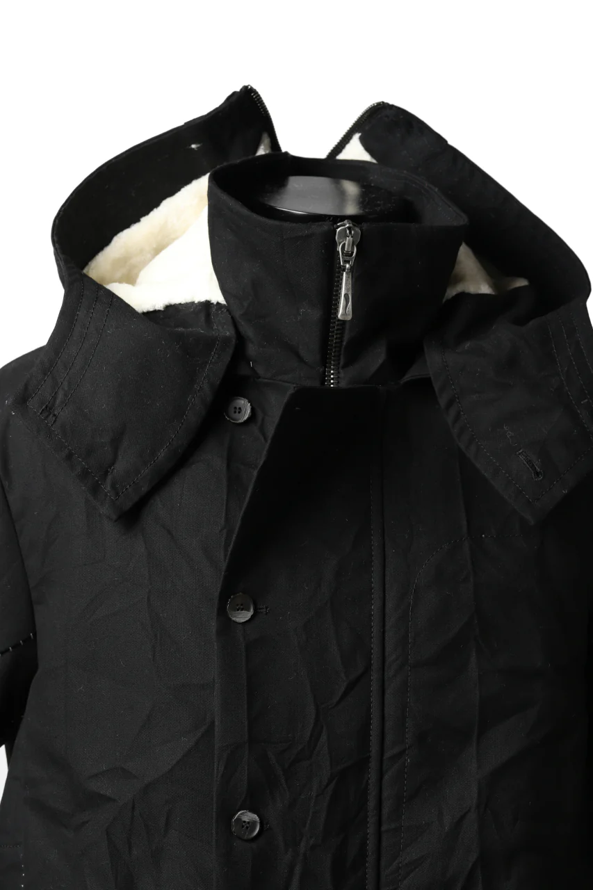 masnada MILITARY HOODIE LONG PARKA COAT with BOA LINNER / COTONE STROPICCIATO (BLACK) - Image 24