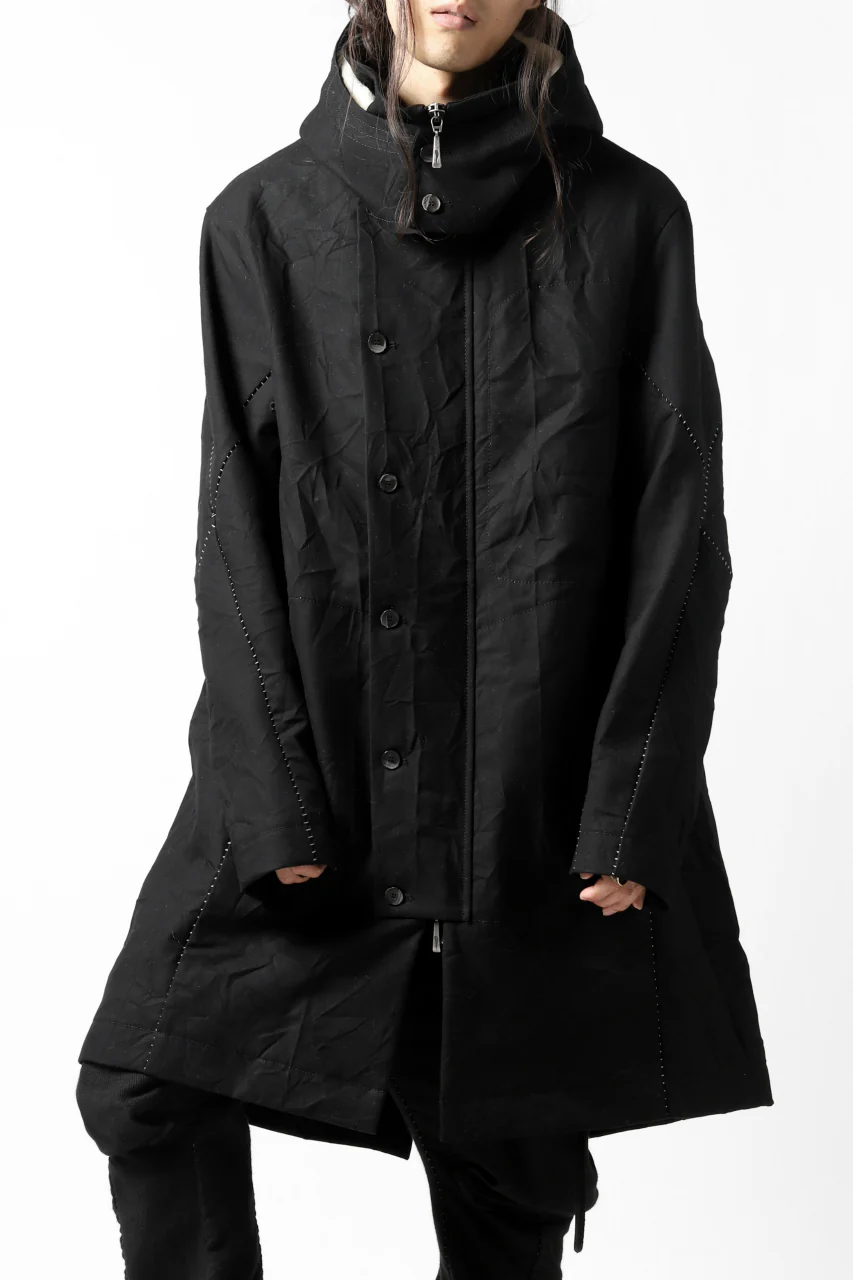 masnada MILITARY HOODIE LONG PARKA COAT with BOA LINNER / COTONE STROPICCIATO (BLACK) - Image 3