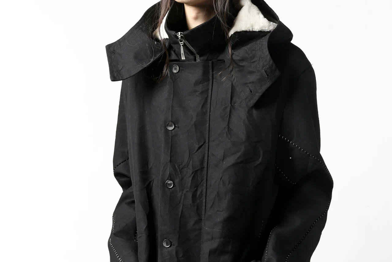 masnada MILITARY HOODIE LONG PARKA COAT with BOA LINNER / COTONE STROPICCIATO (BLACK) - Image 39