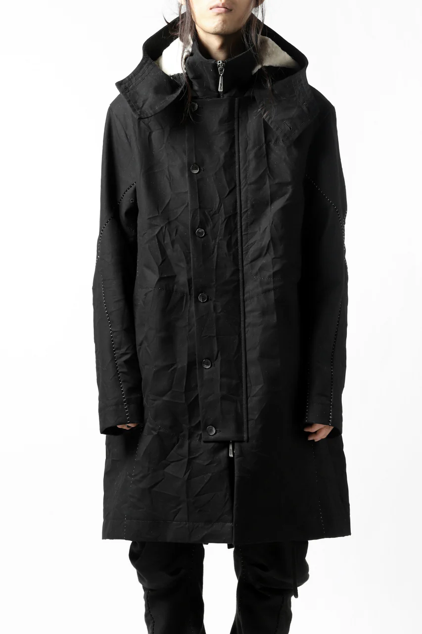 masnada MILITARY HOODIE LONG PARKA COAT with BOA LINNER / COTONE STROPICCIATO (BLACK) - Image 4