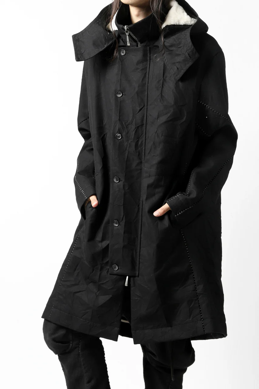 masnada MILITARY HOODIE LONG PARKA COAT with BOA LINNER / COTONE STROPICCIATO (BLACK) - Image 5