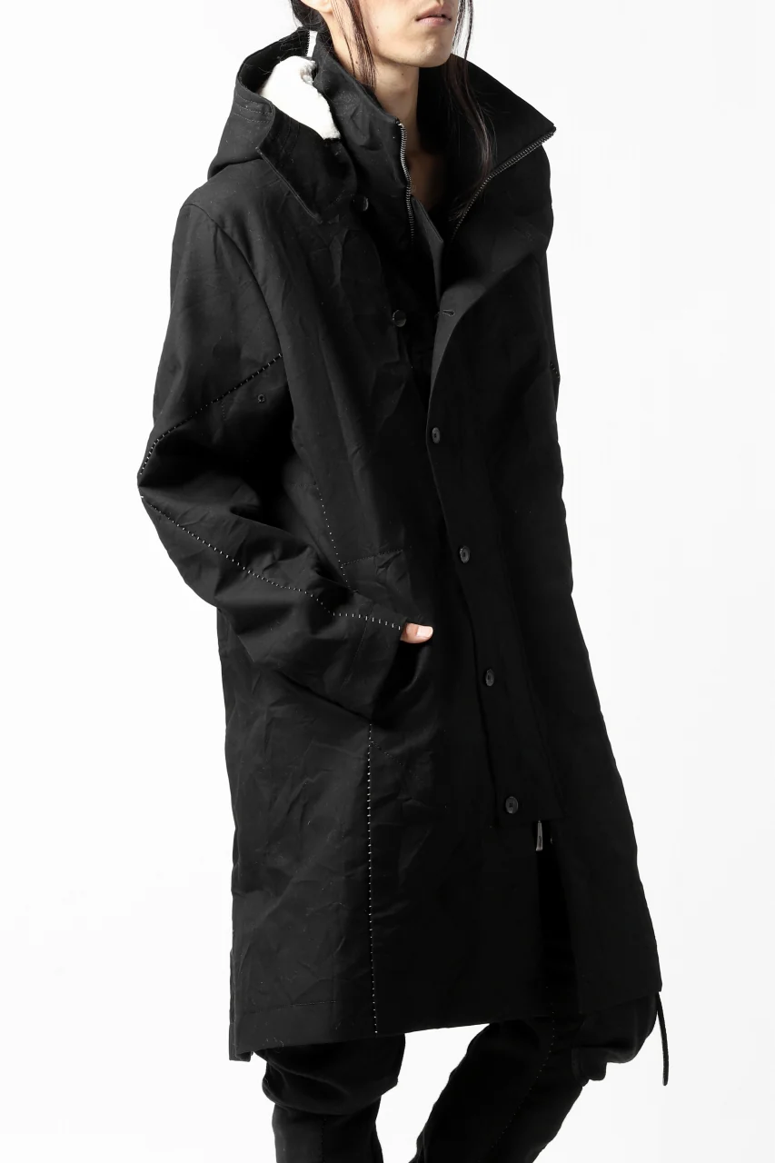 masnada MILITARY HOODIE LONG PARKA COAT with BOA LINNER / COTONE STROPICCIATO (BLACK) - Image 6